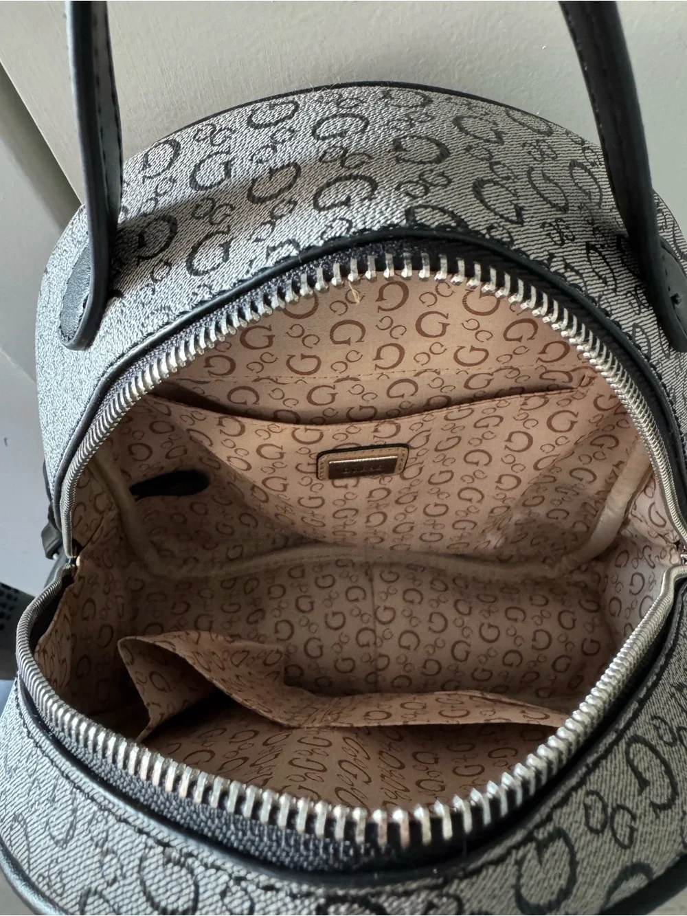 GUESS Gray Monogram Mini Backpack with Black Trim and Gold Logo